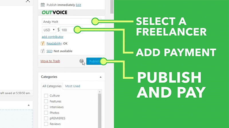 Select a freelancer, add payment, and publish and pay